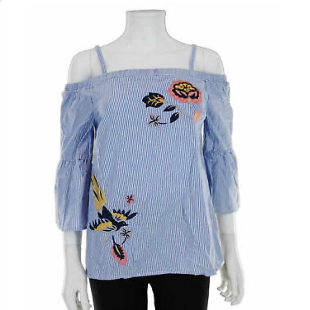 INC INTERNATIONAL CONCEPTS Size S Cold Shoulder Top BLUE WHITE STRIPED